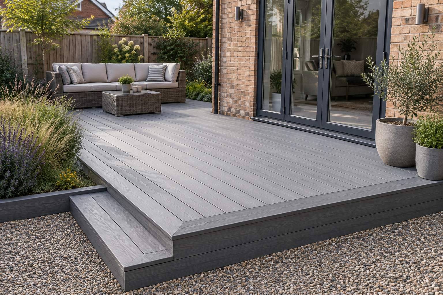 Grey composite deck with a picture-frame border and wide step onto gravel
