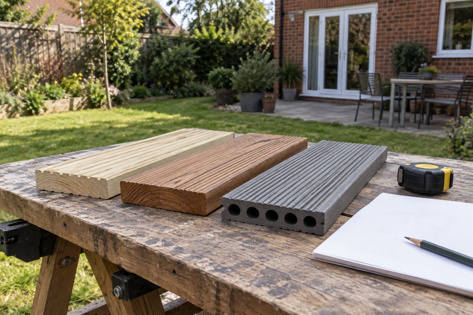 Softwood, hardwood and hollow composite board samples beside a tape measure and blank paper