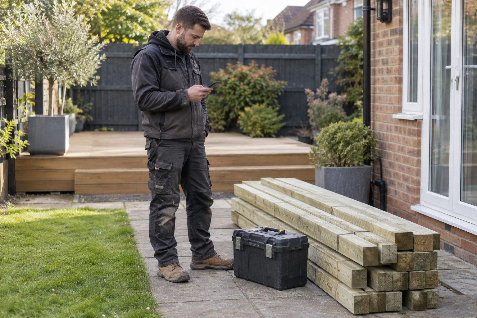 Decking installer checking a phone beside stacked timber and a closed tool case