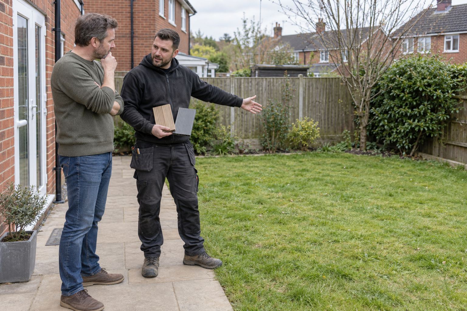 Installer holding decking samples while discussing a lawn area with a homeowner