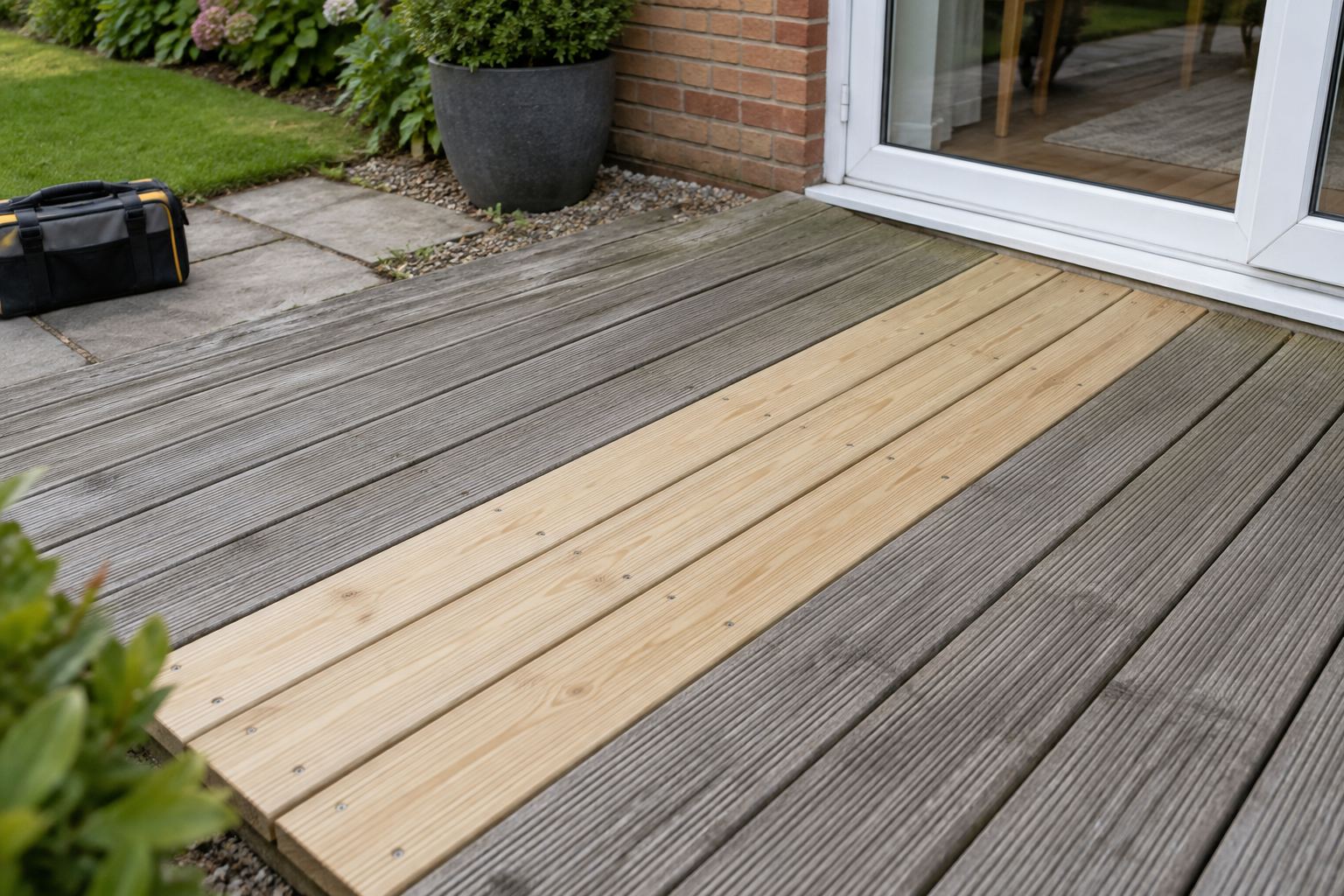 Three new timber boards fitted flush within an older silver-grey garden deck