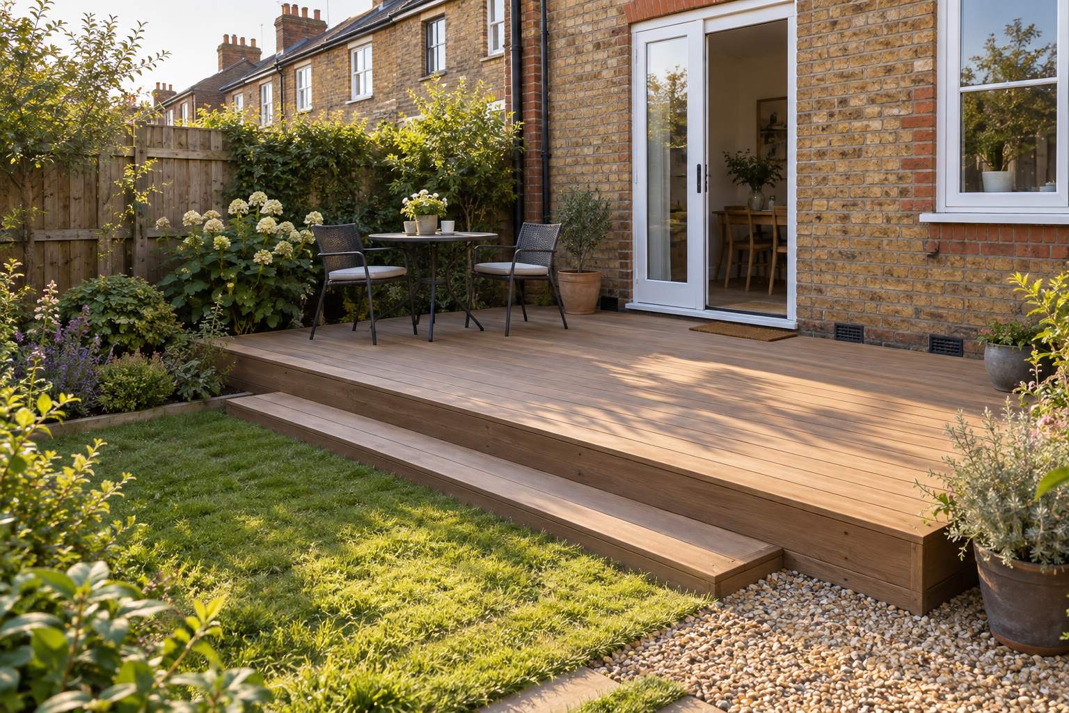 Low brown garden deck with a table, two chairs and a broad step beside a brick terrace