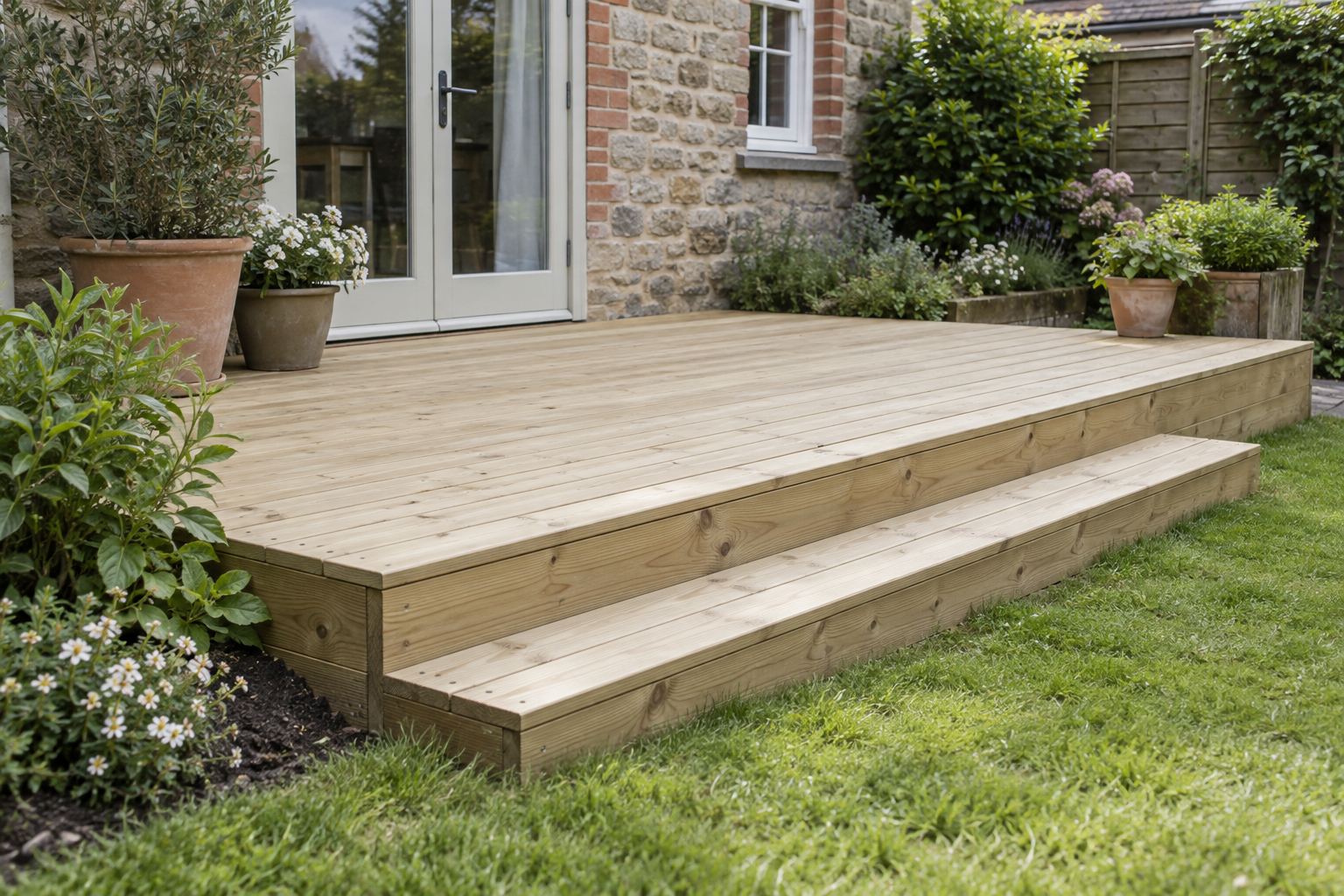 New pale timber deck with visible knots, recessed fixings and a broad step to the lawn