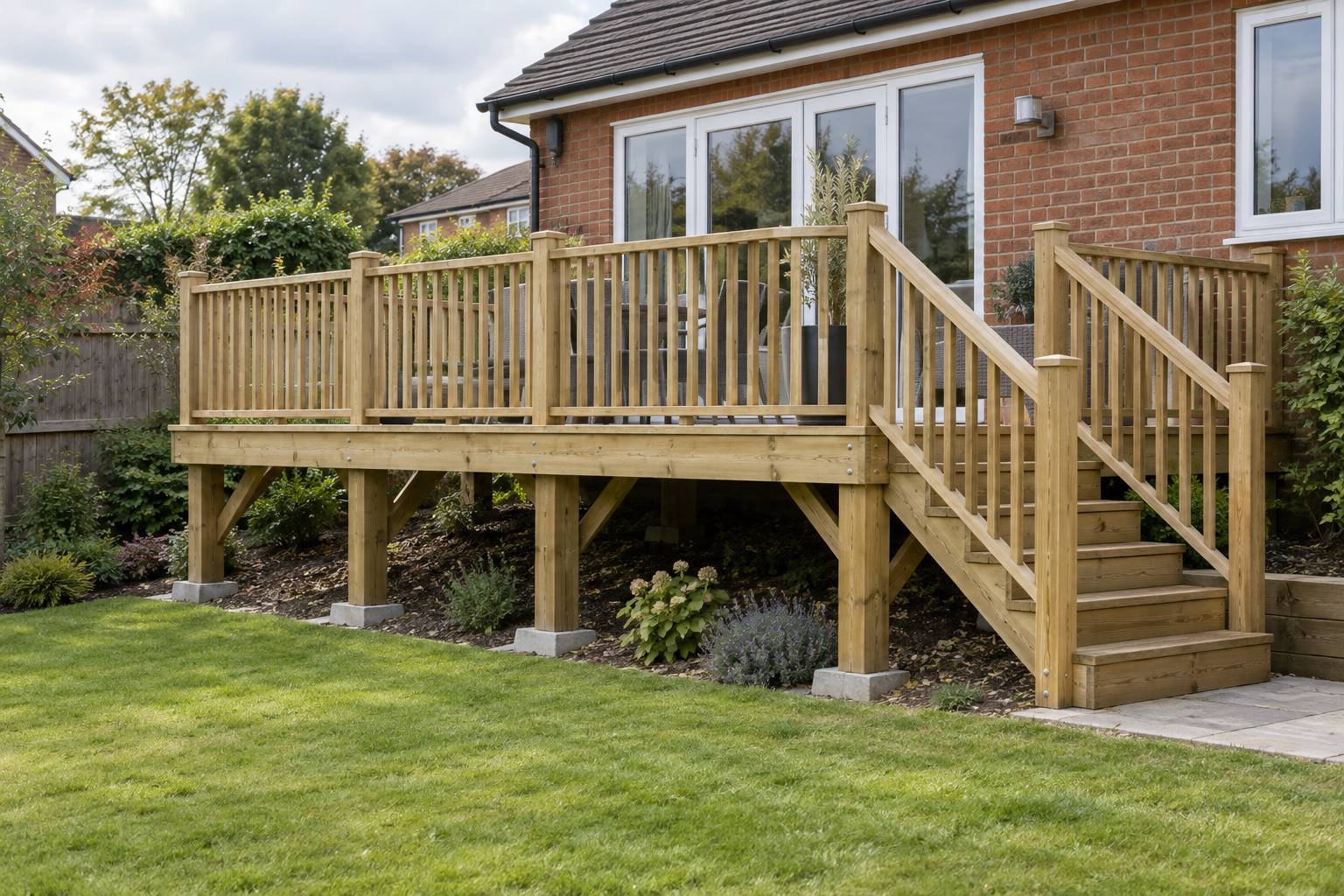 Raised timber deck supported on braced posts with balustrading and a handrailed staircase