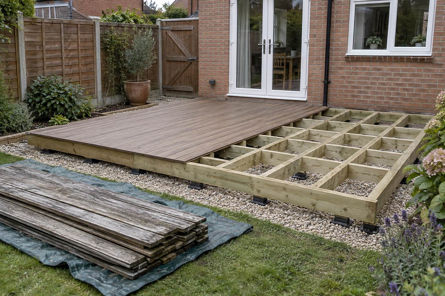 Partly boarded replacement deck frame with removed grey boards stacked on a tarpaulin