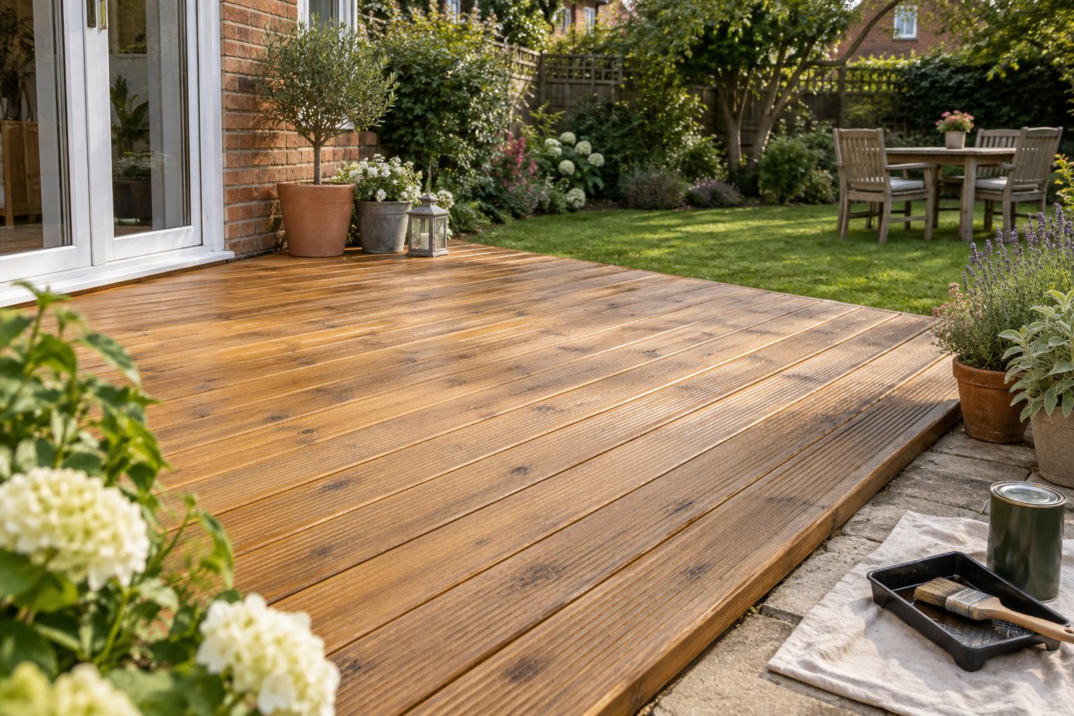Cleaned timber deck with a fresh brown finish and oiling equipment on adjacent paving